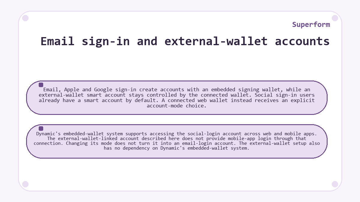 Diagram: Email sign-in and external-wallet accounts (Superform)