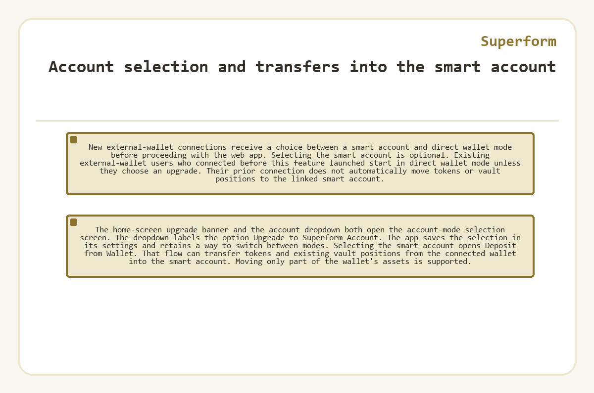 Account selection and transfers into the smart account (Superform) - illustration